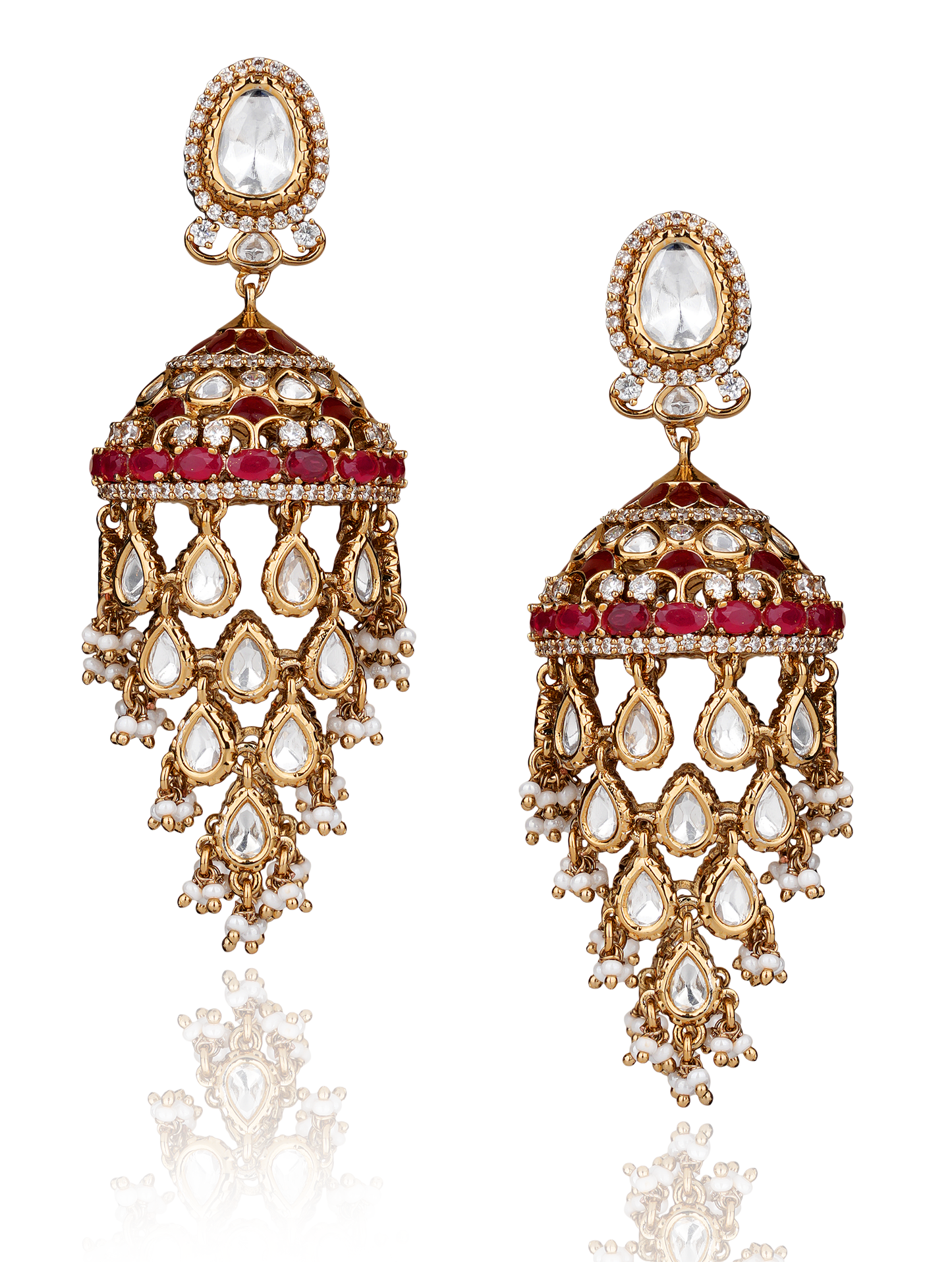 Gold-Plated Moissanite Polki & Red Ruby-Toned Chandelier Jhumka Earrings — Mughal Festive