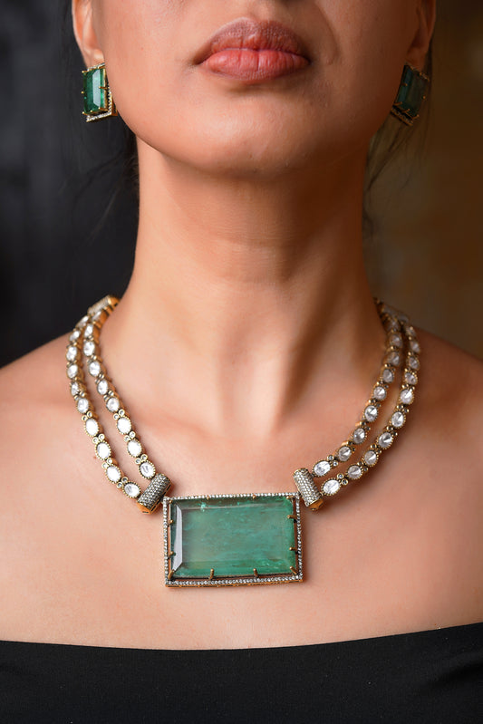 Emerald Monolith Set – Sculptural Emerald & Dual-Strand Polki Monumental Necklace