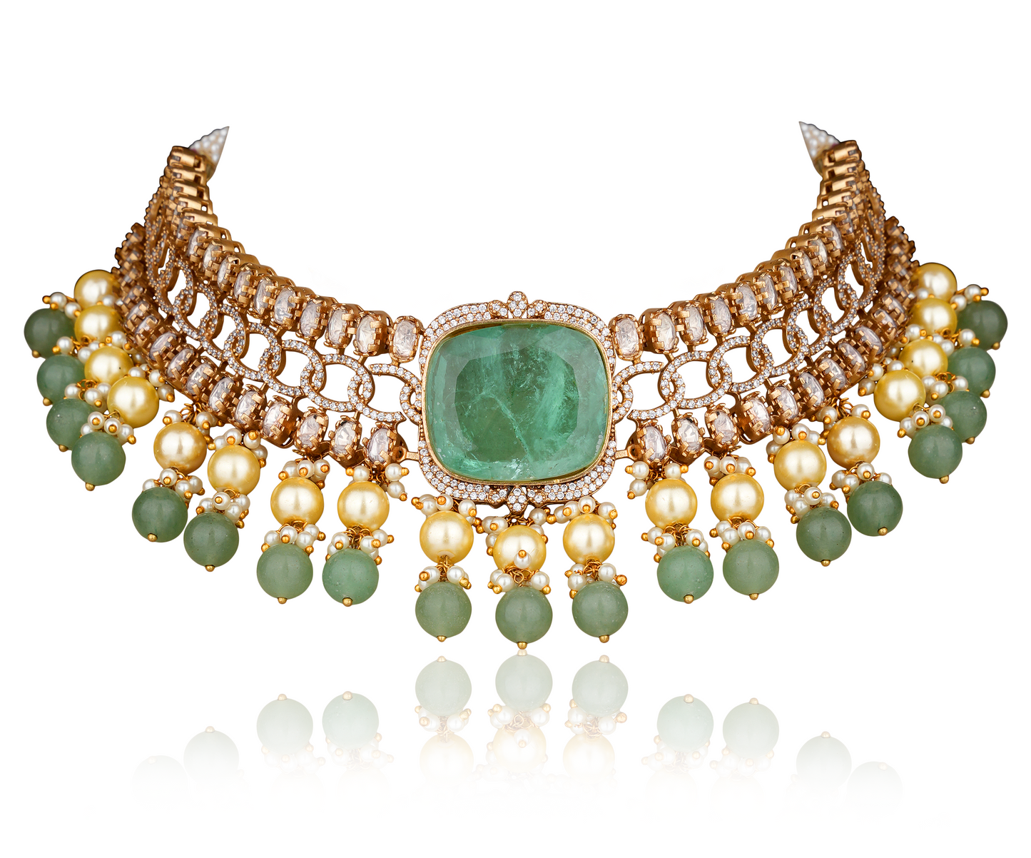 Art Deco 22K Gold-Finish Green Agate Solitaire & Moissanite Polki Geometric Choker Set — Festive Contemporary