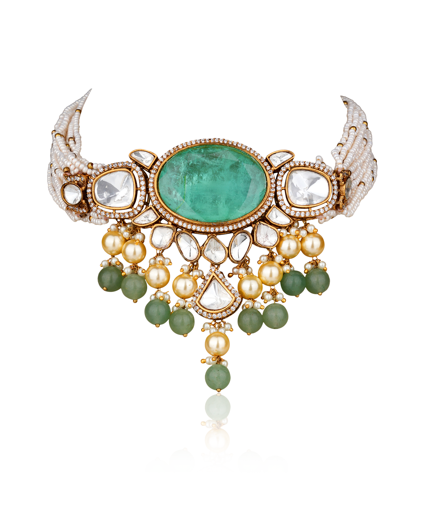 22K Gold-Finish Emerald-Green Agate Cabochon, Moissanite Polki & Seed Pearl Choker with Polki Earring (Set of 2)