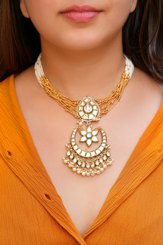 Chand-Bali Kundan Multi-Strand Choker – Pearl & Gold Bead Tiered Necklace with Floral Accents
