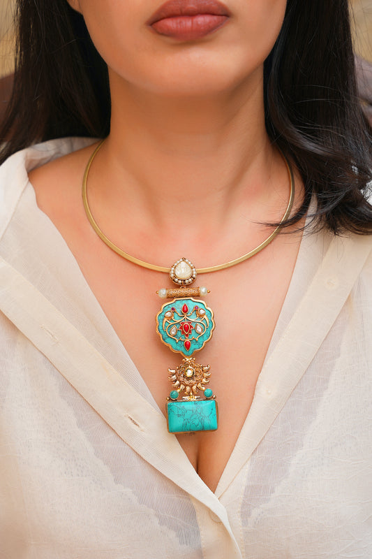 Ancestral Turquoise Kavach Choker – 22 karat Gold-Plated Hasli Necklace with Hand-Carved Shield & Mother of Pearl