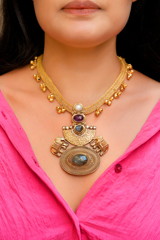 Antique Gold Hathi Hasli Choker – Hand-Carved Elephant Motif Necklace with Labradorite & Ruby Amethyst