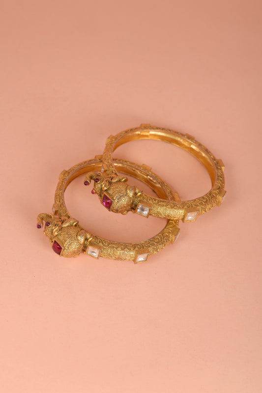 Gaja Heritage Kada | 22kt Gold-Plated Elephant Motif Bangle with Ruby & Polki Inlays (Set of 2)