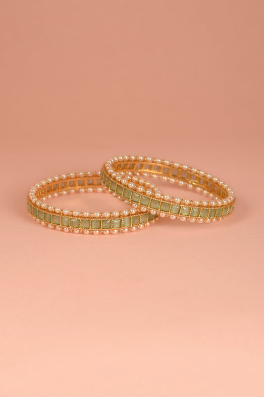 Nandini Sage Bangles | Gold-Plated Emerald-Cut Glass & Pearl Border Churi (Set of 2)