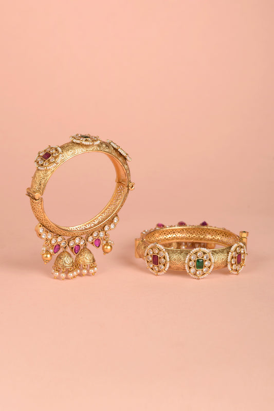 Vanya Jhumkh-Kada | 22kt Gold-Plated Floral Bas-Relief & Pearl-Drop Jhumkhis (Set of 2)