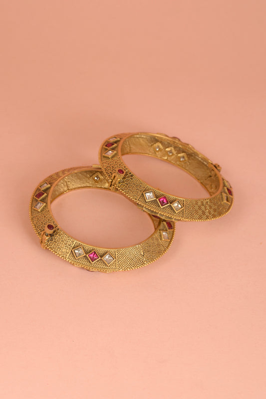 Dhara Geometric Kada | 22kt Antique Matte Gold-Plated Hand-Textured Ruby & Polki Bangles (Set of 2)
