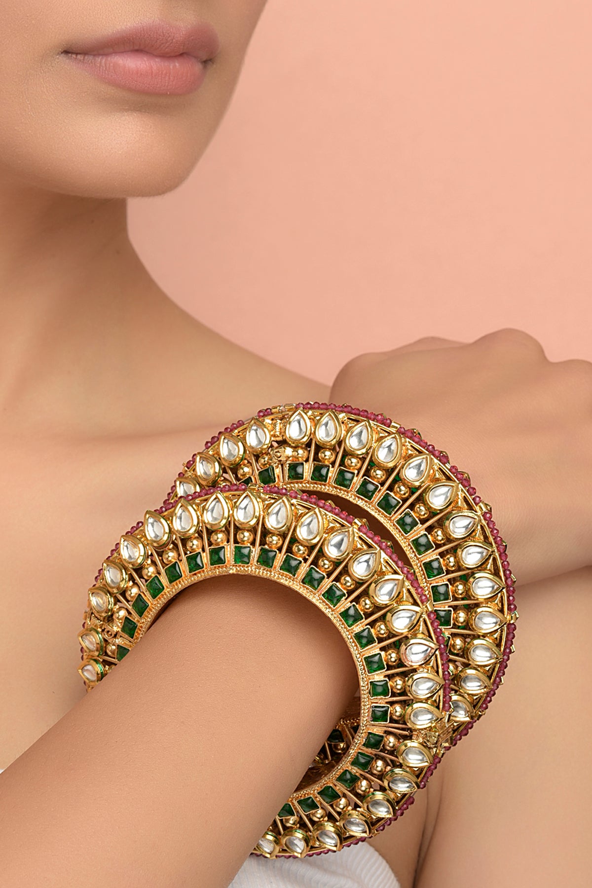 Advika Heritage Kada | 22kt Gold-Plated Emerald, Polki & Seed Ruby Set (Set of 2)