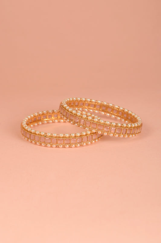 Manjari Jaali Bangle | 22kt Gold-Plated Pink Stone & Seed Pearl Heritage Set (Set of 2)
