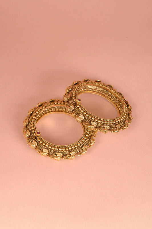 Gaja-Aradhana Temple Heritage Kada | 22kt Gold-Plated Hand-Crafted Elephant Motif Statement Bangle (Set of 2)