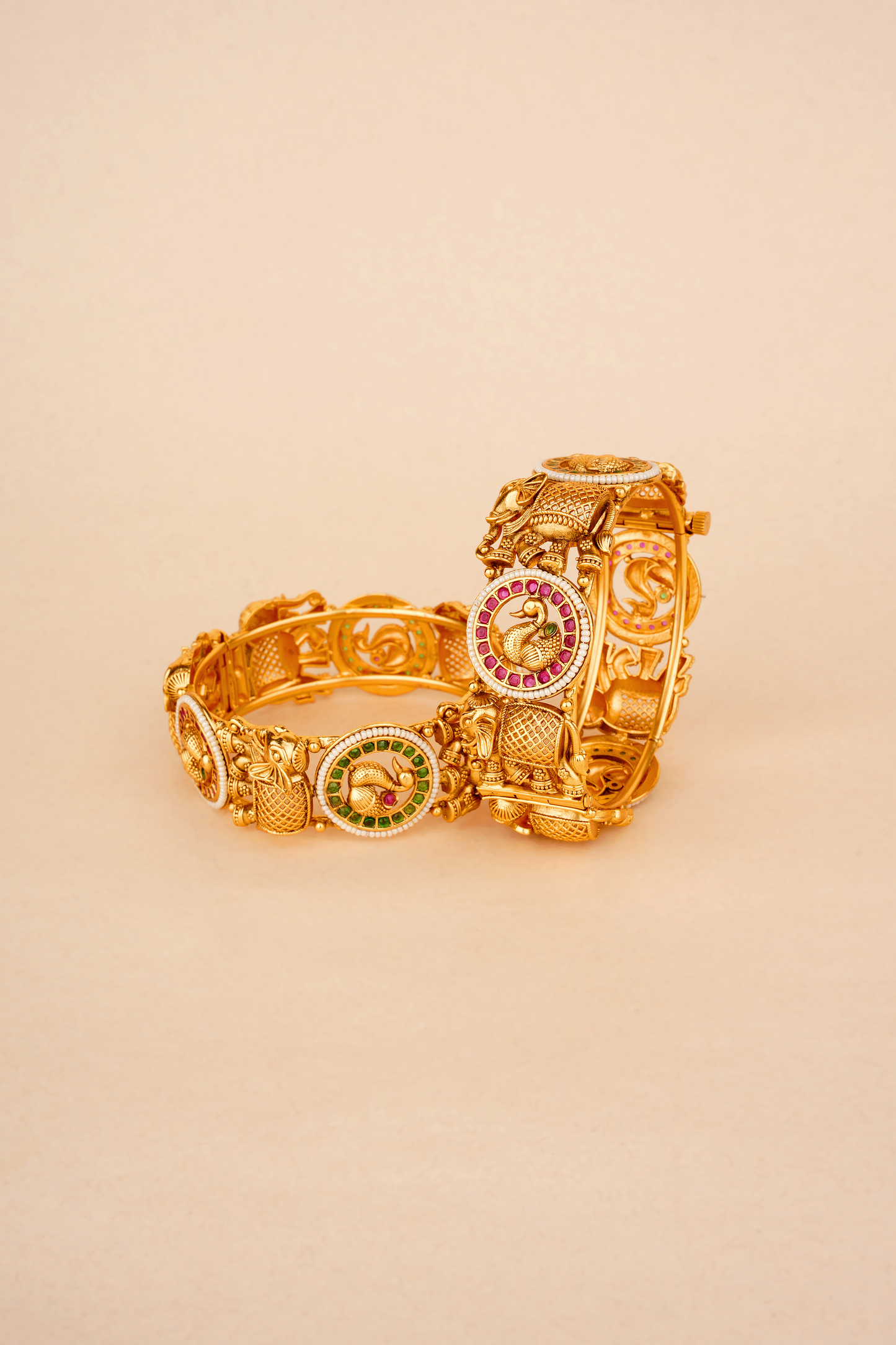 Ancestral Mayura-Gajah Kada – Vintage Gold Nakashi Elephant & Peacock Bangle | Set of 2