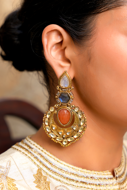 Imperial Moonstone & Labradorite Chandbali – Antique 22 Karat Gold-Plated Statement Earrings with Peach Onyx