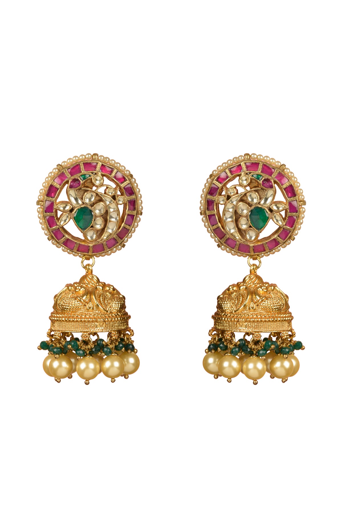 Mayura Peacock Heritage Jhumka | 22kt Gold-Plated Nakashi Engraved & Ruby Kundan Earrings