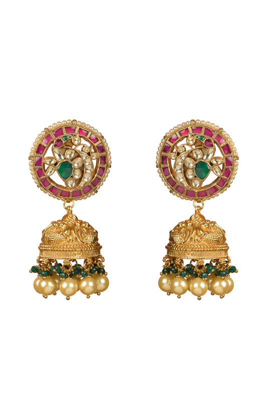 Mayura Peacock Heritage Jhumka | 22kt Gold-Plated Nakashi Engraved & Ruby Kundan Earrings