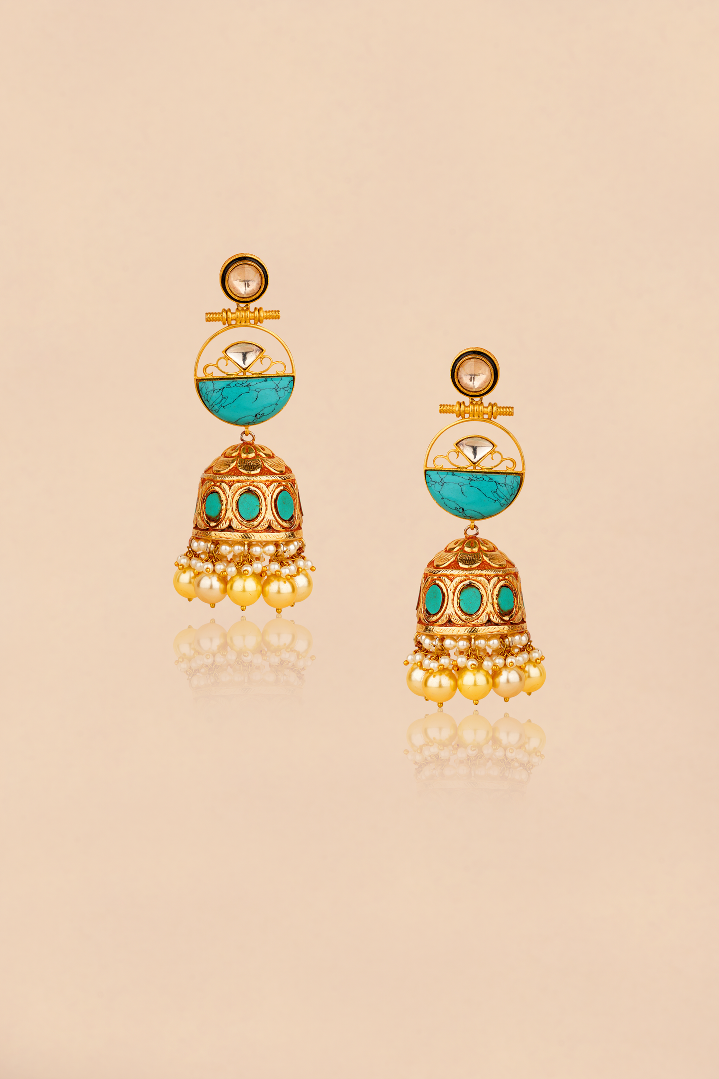 Imperial Turquoise Jhumka – Handcrafted 22 Karat Gold-Plated Statement Earrings with Pearl & Kundan Accents