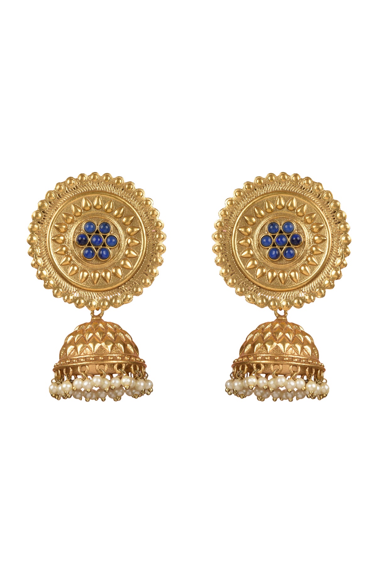 Neel-Arka Carved Solar Disk Jhumka | 22kt Matte-Gold & Nakashi Indigo-Sun Heritage Bell Drop Earrings