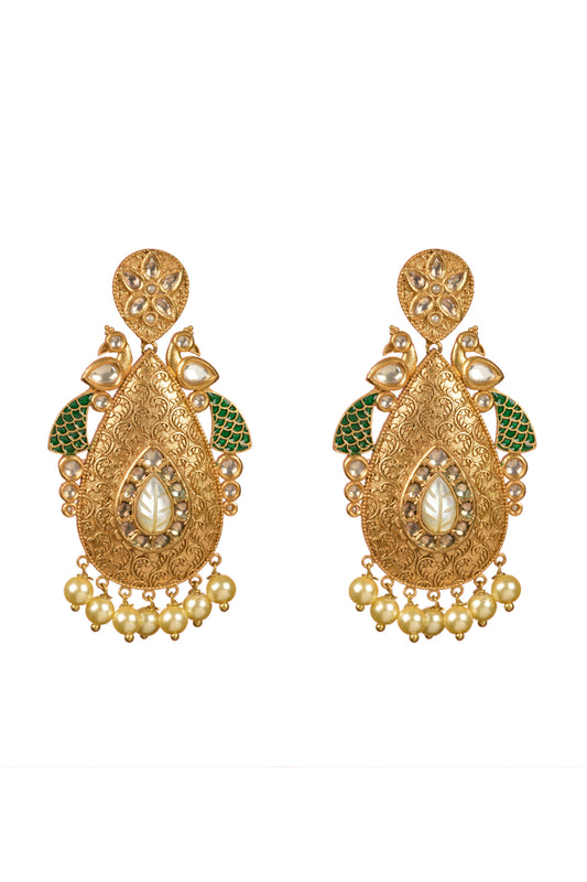 Mayur-Aangan Nakashi Drops | 22kt Matte-Gold & Meenakari Peacock Statement Dangler Earrings