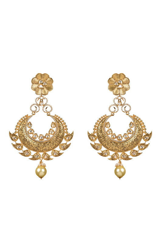 Chand-Vilas Nakkashi Chandbali | 22kt Matte-Gold, Polki & Pearl Heritage Drop Earrings
