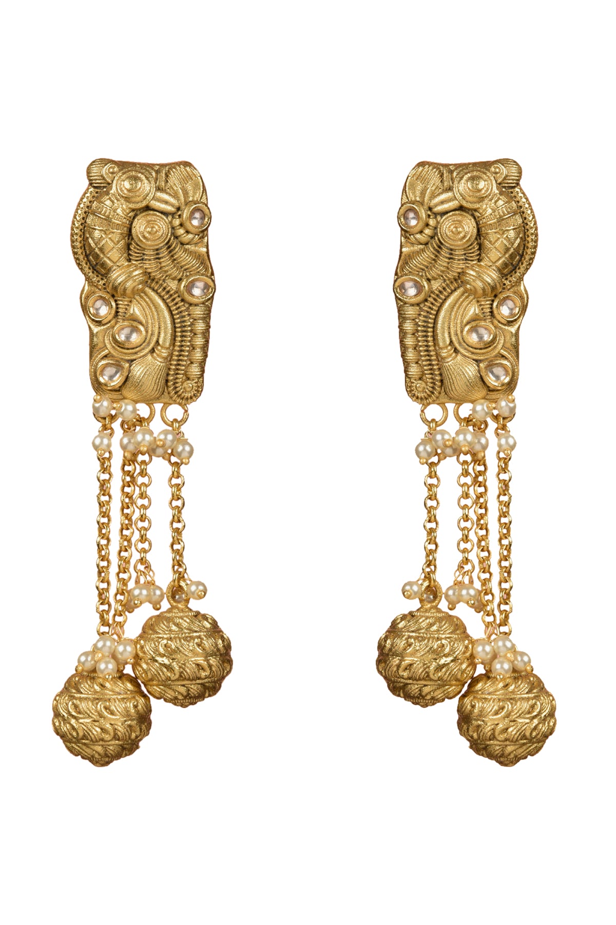 Jagati-Chitra Totem Drops | 22kt Matte-Gold Finish with Nakashi Relief Beads, Polki Kundan & Kinetic Seed-Pearl Statement Dangler Earrings