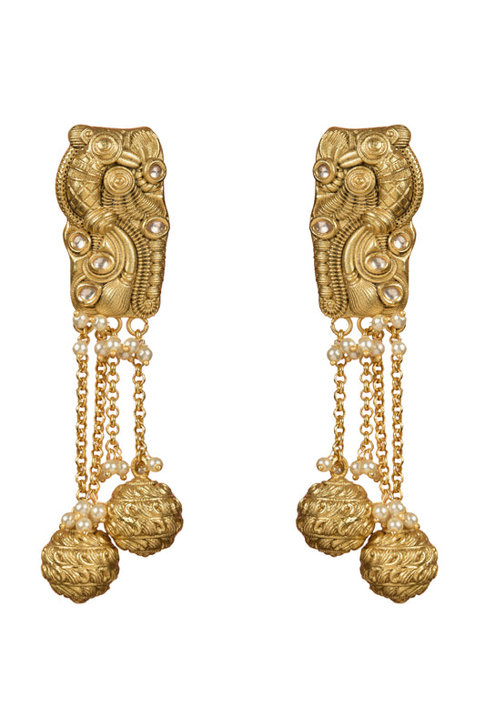 Jagati-Chitra Totem Drops | 22kt Matte-Gold Finish with Nakashi Relief Beads, Polki Kundan & Kinetic Seed-Pearl Statement Dangler Earrings