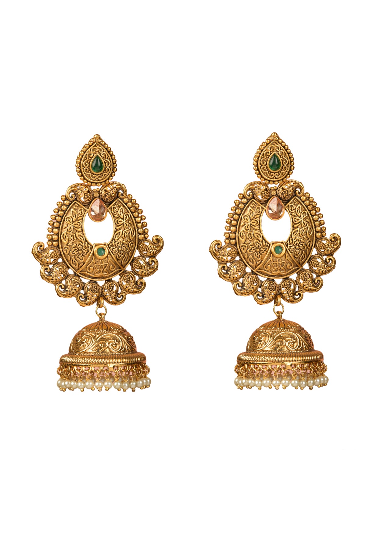 Vanya-Dhara Heritage Jhumka | 22kt Antique Matte-Gold, Emerald-Toned & Polki-Cut Temple Statement Earrings