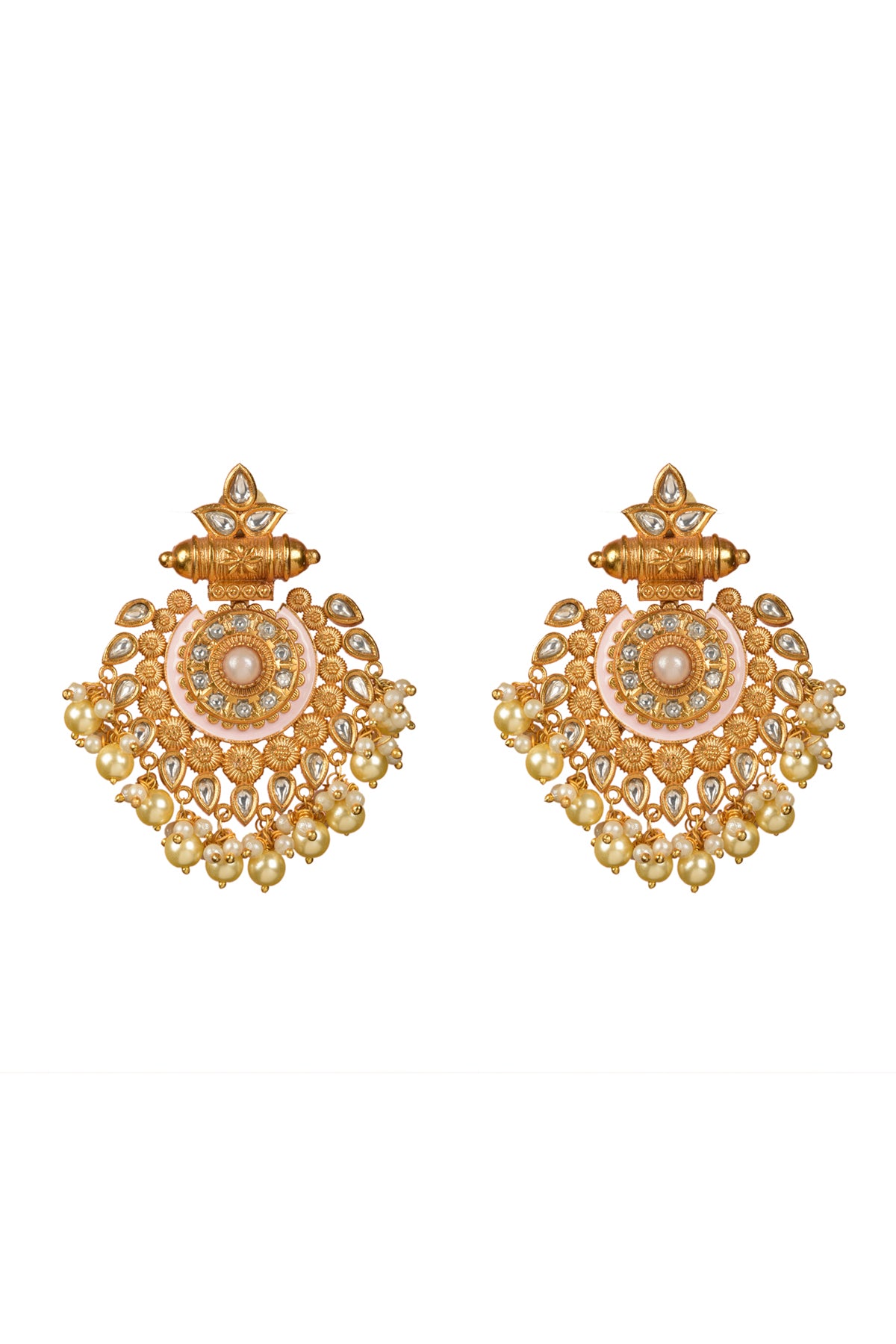 Padmavati Gulaabi-Kanti Chandbali | 22kt Matte-Gold & Powder-Pink Enamel Statement Earring