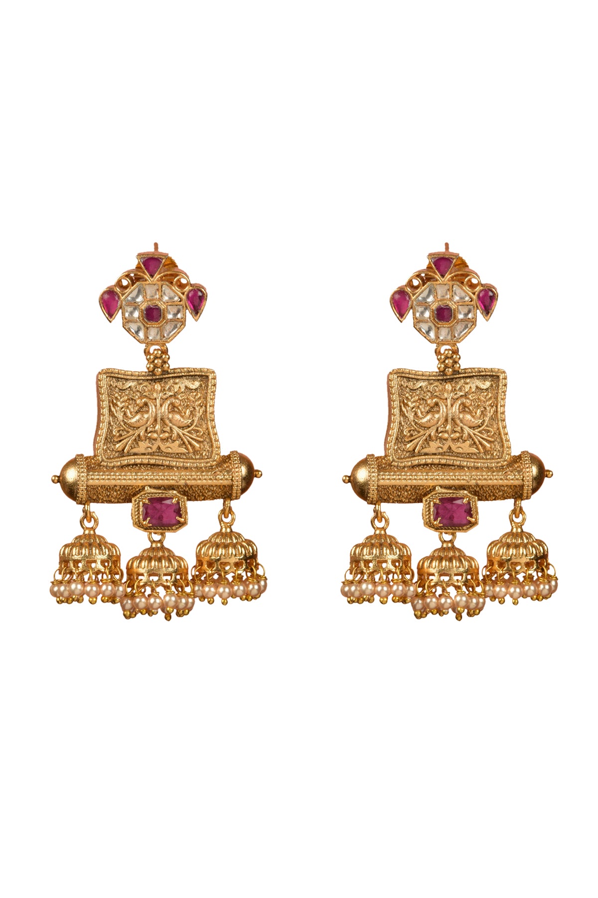 Hamsini Rajat-Manik Dangler | 22kt Matte-Gold & Ruby-Red Temple Jhumka Earring