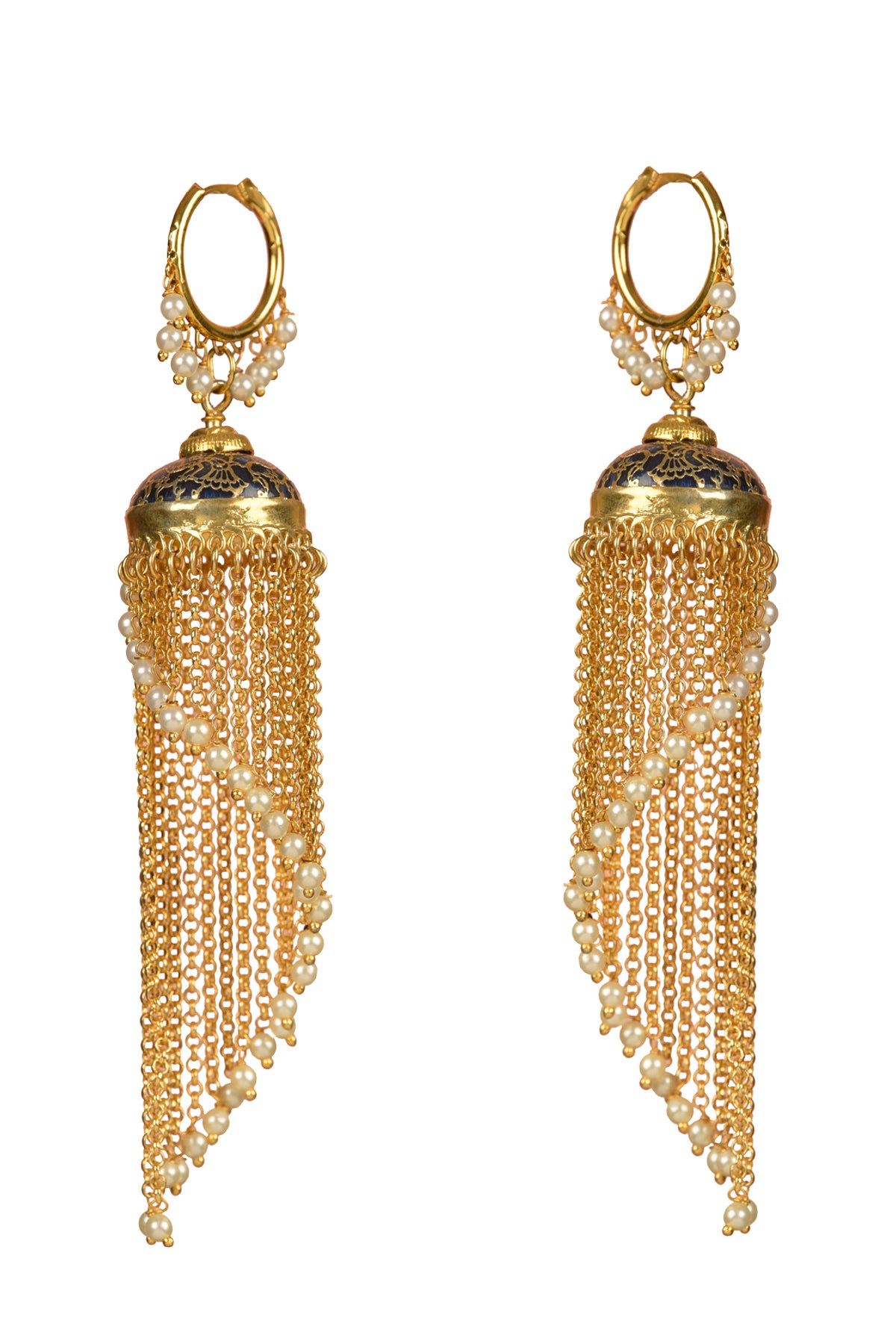 Nila-Kshira Heritage Tassel | 22kt Matte-Gold & Pearl Meenakari Dangler Hoop Earring