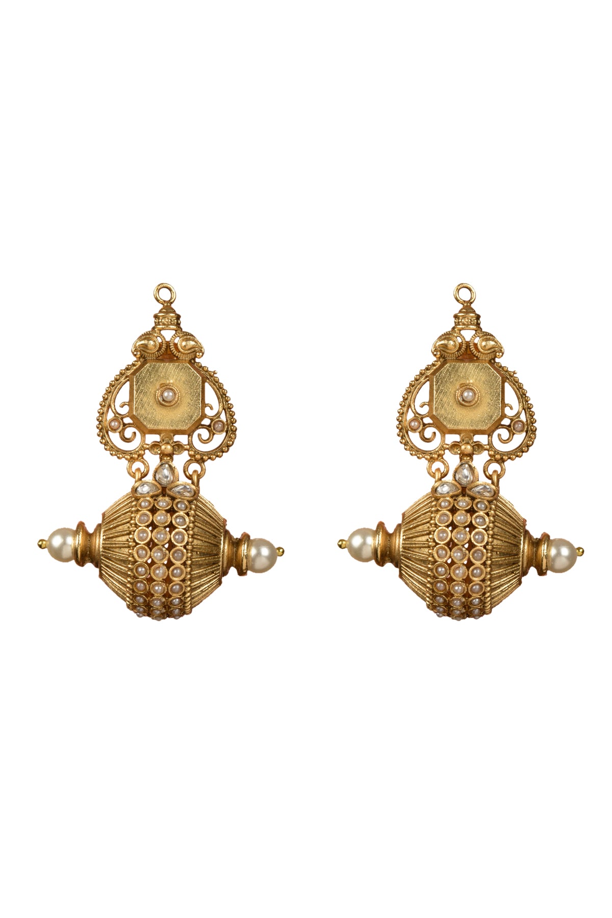 Hemadri Kanti South Indian Temple Dangler | 22kt Matte-Gold & Kundan Dholak-Barrel Statement Earring