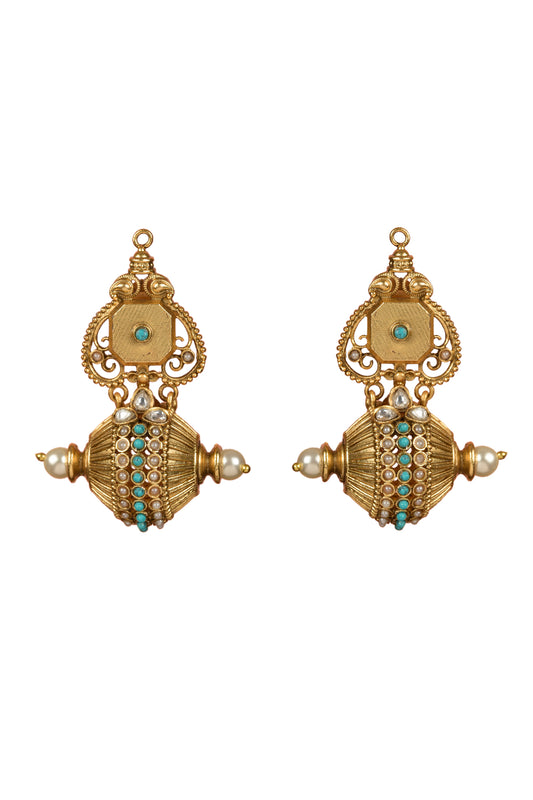 Ratnagiri Neela-Kanti South Indian Temple Dangler | 22kt Matte-Gold & Turquoise Dholak-Barrel Statement Earring