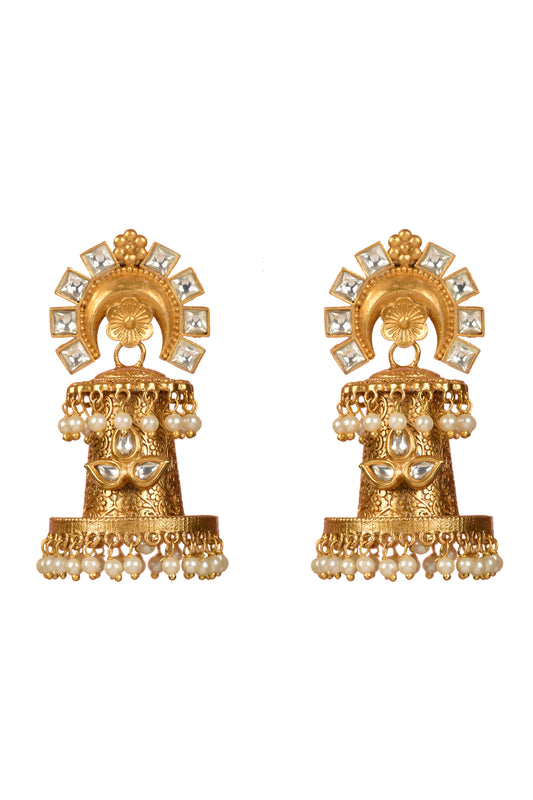 Hemanjali Chand-Jhumka | 22kt Matte-Gold Carved Temple Jewelry Earring