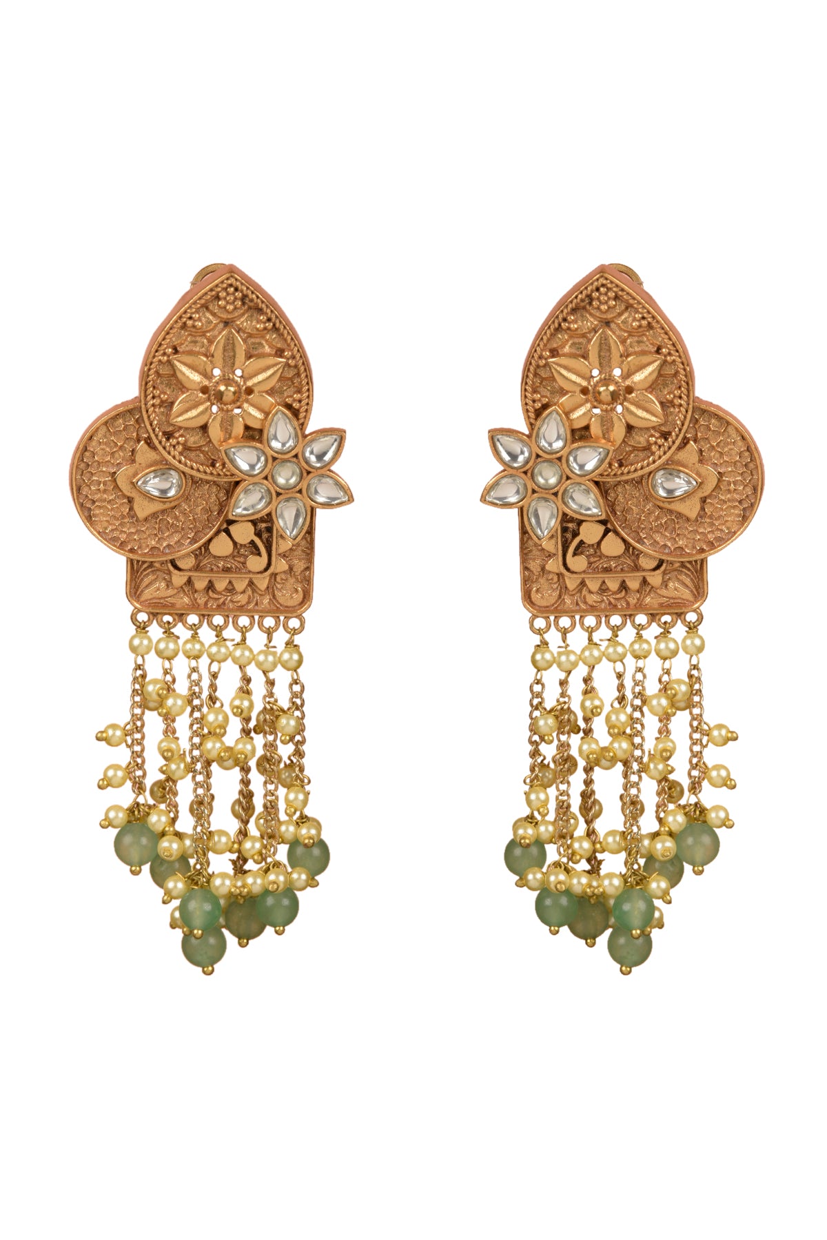 Samyukta Pushpa Dangler | 22kt Matte-Gold Polki & Sage-Green Bead Statement Earrings