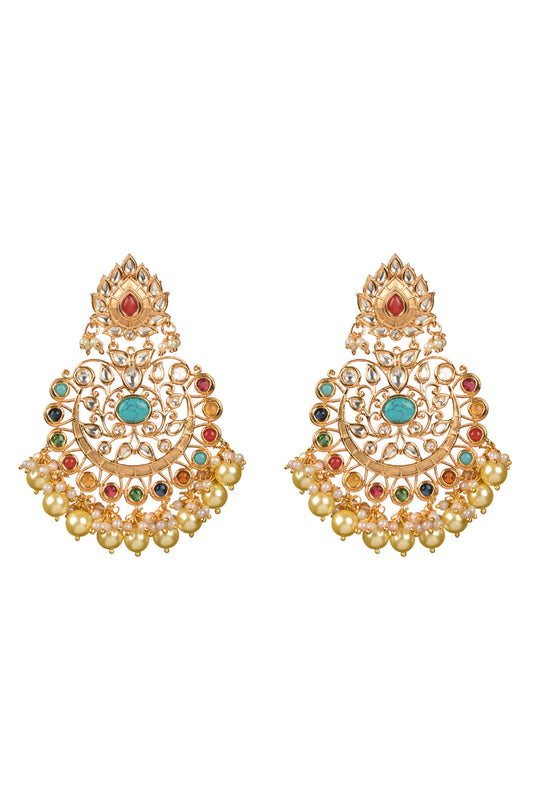 Navratan Mosaic Chandbali | 22kt Gold-Plated Filigree & Multi-Gemstone Statement Earrings