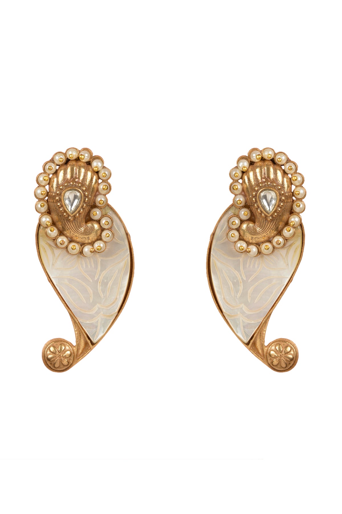 Advaita Hand-Carved Ear-Climber | 22kt Matte-Gold Mother-of-Pearl Paisley Studs