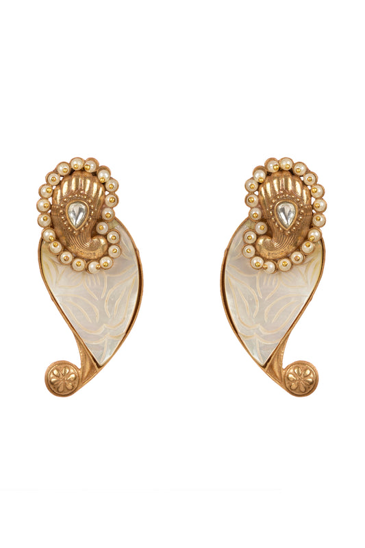 Advaita Hand-Carved Ear-Climber | 22kt Matte-Gold Mother-of-Pearl Paisley Studs
