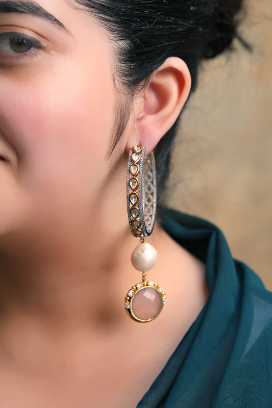 Regal Noor Polki Hoops – Baroque Pearl & Rose Quartz Statement Danglers