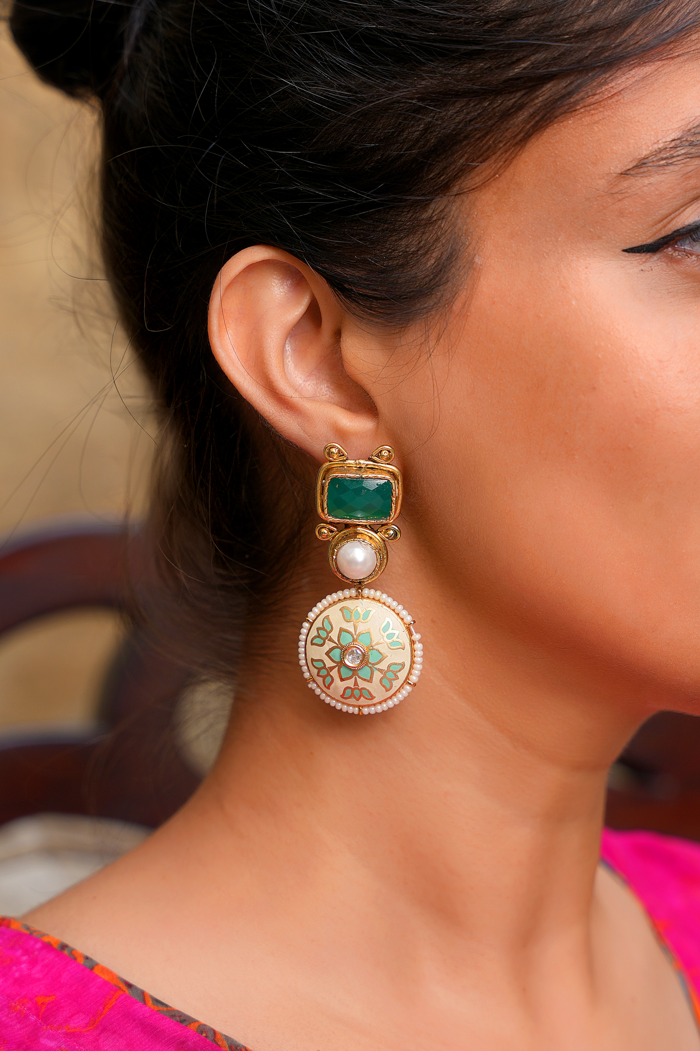 Emerald Lotus Meenakari Drops – Sculptural Jadau & Teal Enamel Heirloom Earrings
