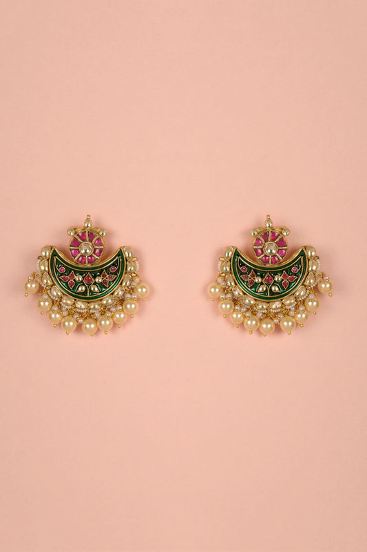 Flora-Luna Statement Chandbali | 22kt Gold-Plated Meenakari, Ruby-Pink Kundan and Pearl Earrings