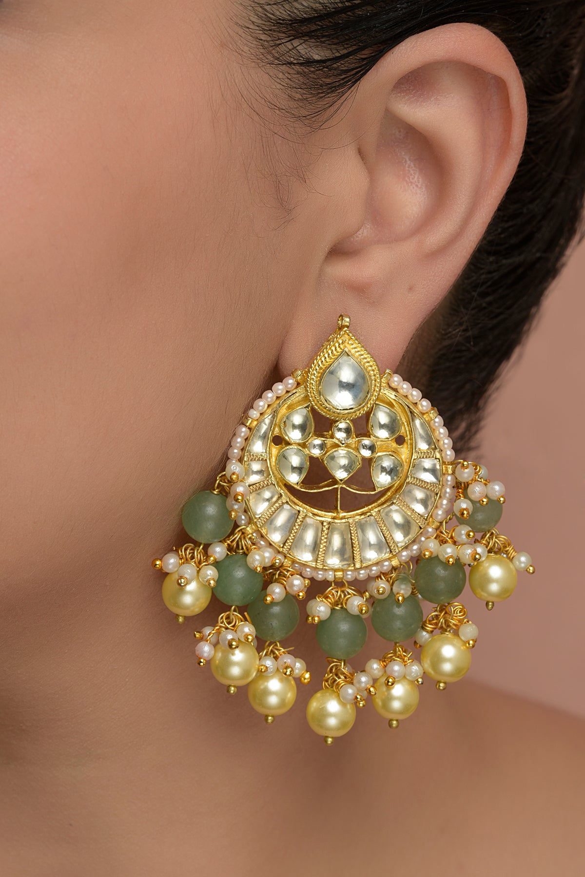 Vaan Chand Bali Earrings | 22kt Gold-Plated Kundan & Sage Green Onyx Chandbalis