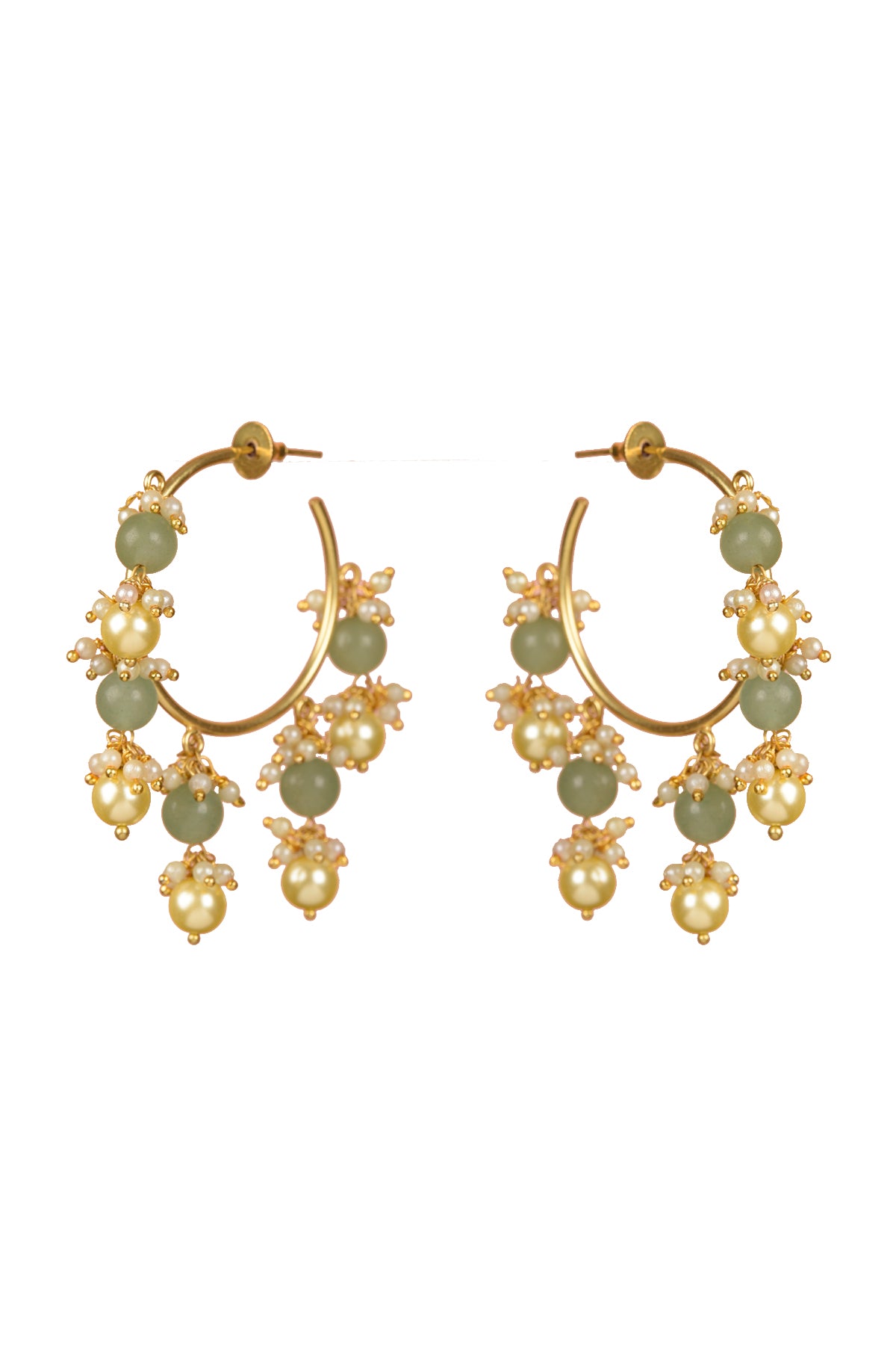 Verdant Orb Hoops | 22kt Gold-Plated Green Agate & Pearl Kinetic Statement Hoop Earrings