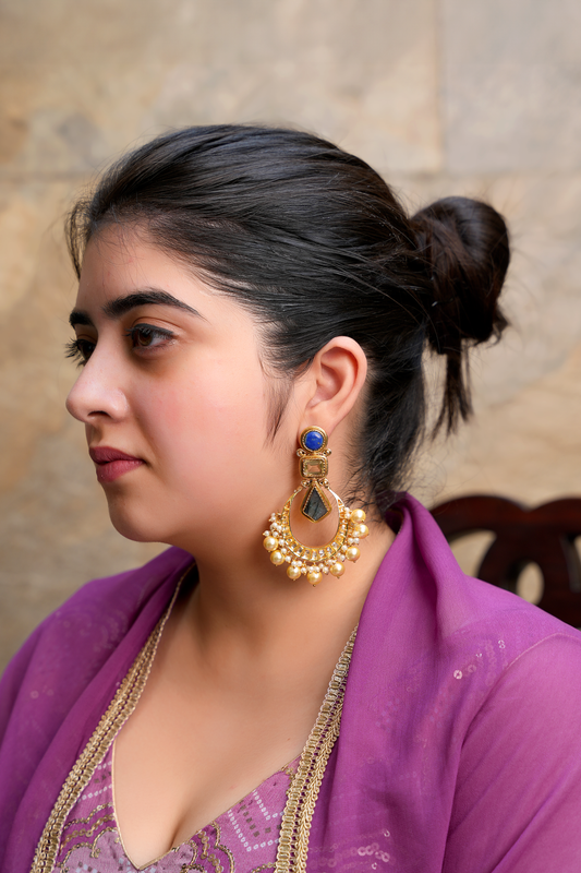 Kundan Polki Lapis & Topaz Chandbalis – Gold Plated Labradorite Statement Earrings
