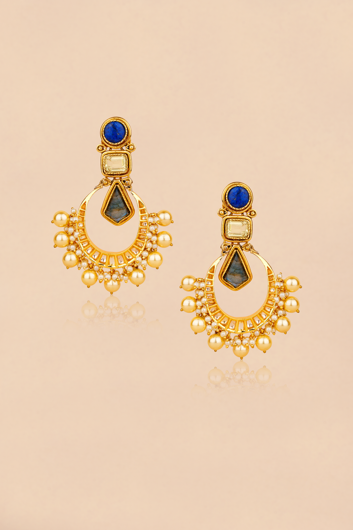 Kundan Polki Lapis & Topaz Chandbalis – Gold Plated Labradorite Statement Earrings