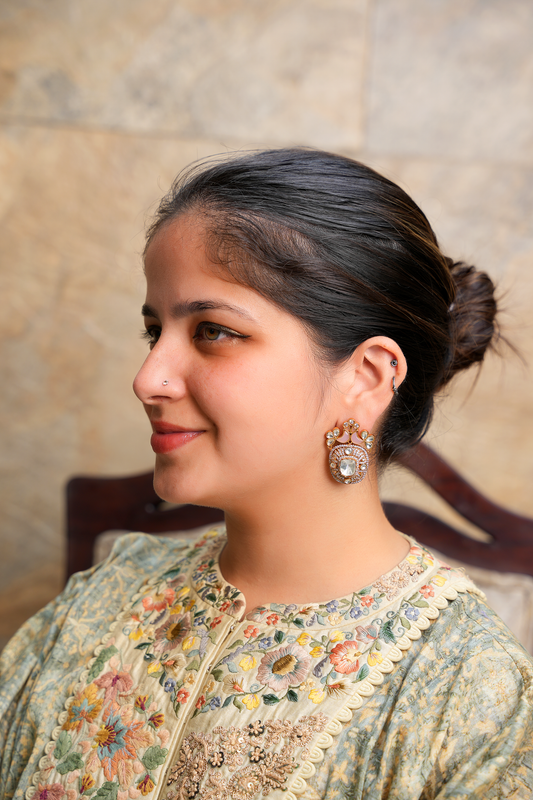 Kundan Polki Bird Motif Earrings – Gold Plated Pink Stone Statement Studs | Imperial Avian