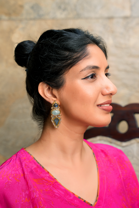 Labradorite & American Diamond Dangler Earrings – Gold Plated Geometric Statement Earrings | Imperial Prism