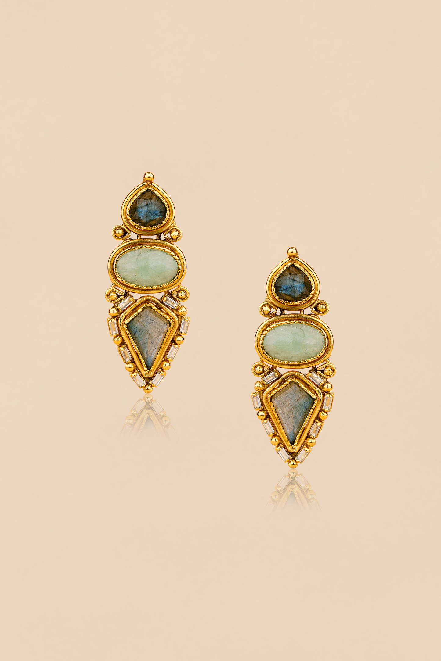 Labradorite & American Diamond Dangler Earrings – Gold Plated Geometric Statement Earrings | Imperial Prism