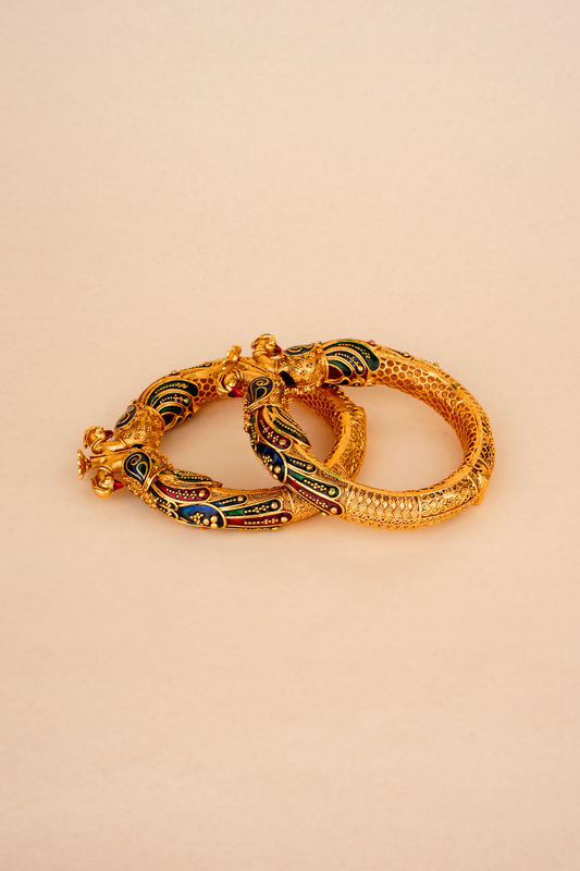 Ancestral Mayura-Meenakari Kada – Vintage Gold & Vibrant Enamel Peacock Bangle | Set of 2