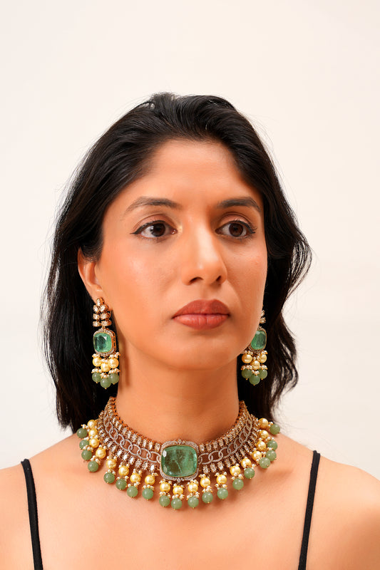 Art Deco 22K Gold-Finish Green Agate Solitaire & Moissanite Polki Geometric Choker Set — Festive Contemporary