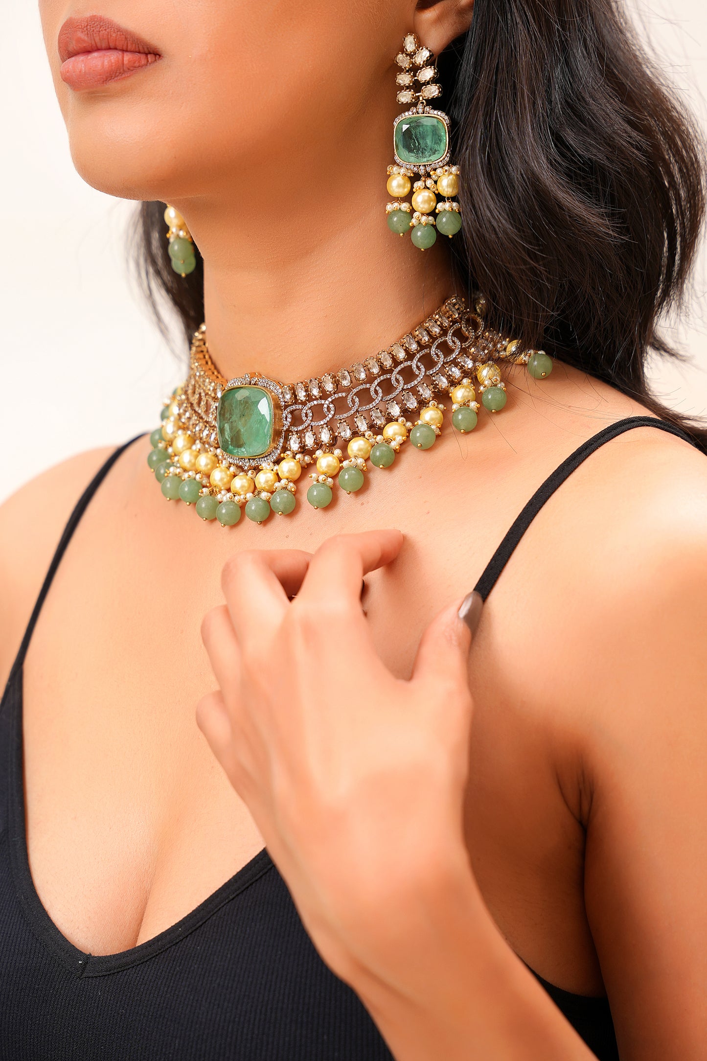 Art Deco 22K Gold-Finish Green Agate Solitaire & Moissanite Polki Geometric Choker Set — Festive Contemporary