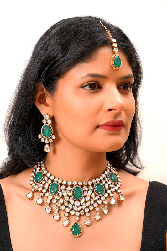 Emerald Polki Choker Necklace Set with Maang Tikka (Set of 3)