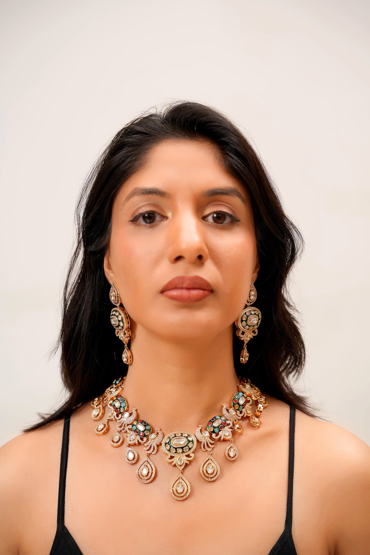 22K Rose Gold Navratan Moissanite Polki & American Diamond Drop Necklace & Earring Set — Bridal (Set of 2)